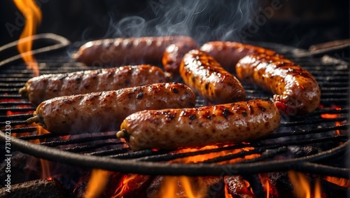 fiery sausages grilled on a rustic grill
