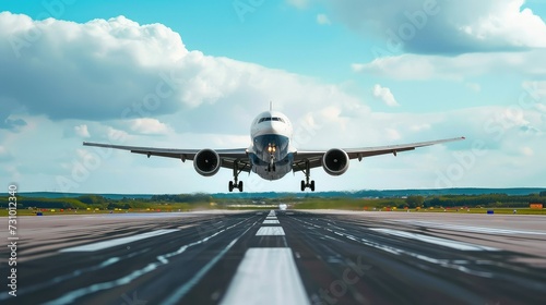 Zoomed out low perspective shot of airplane landing on runway mid day.