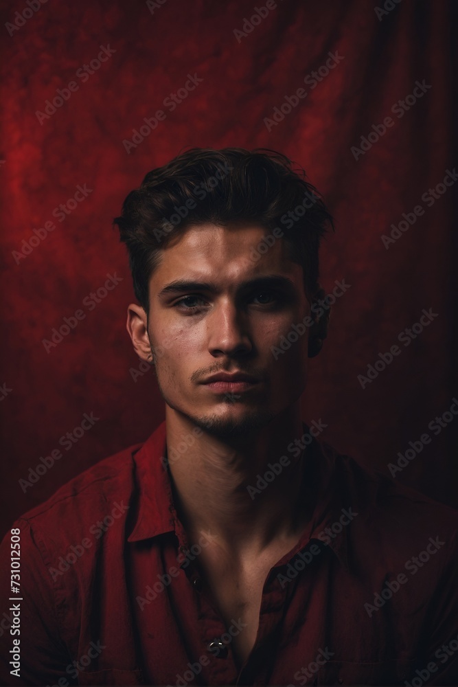 portrait of a very handsome shirtless man, 20 years old, red valentine background, red hearts, love