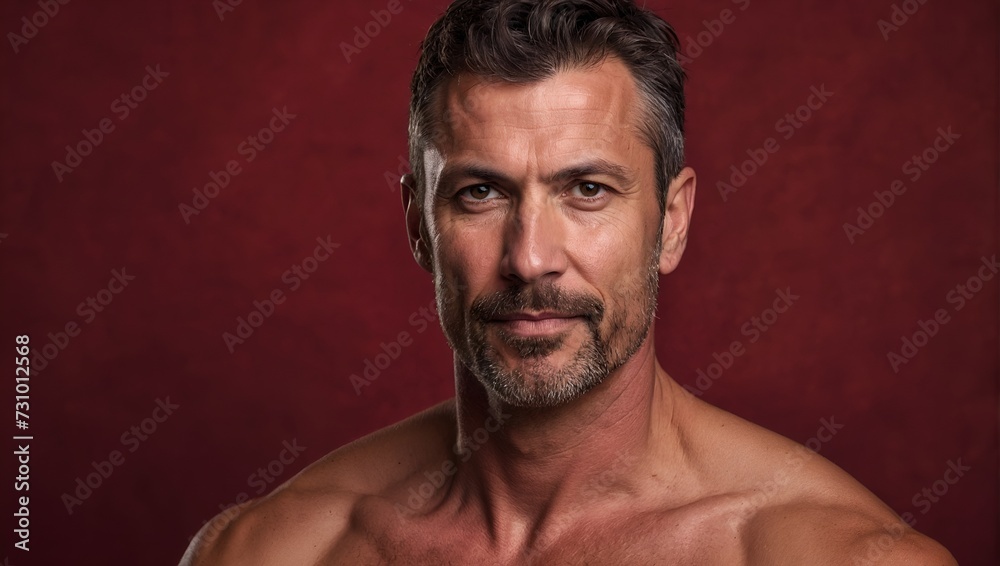 Fototapeta premium portrait of a shirtless man, 40 years old, handsome, red valentine background, love