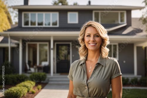 Successful female real estate agent standing in front of a contemporary home.