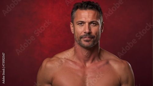 portrait of a shirtless man, 40 years old, handsome, red valentine background, love