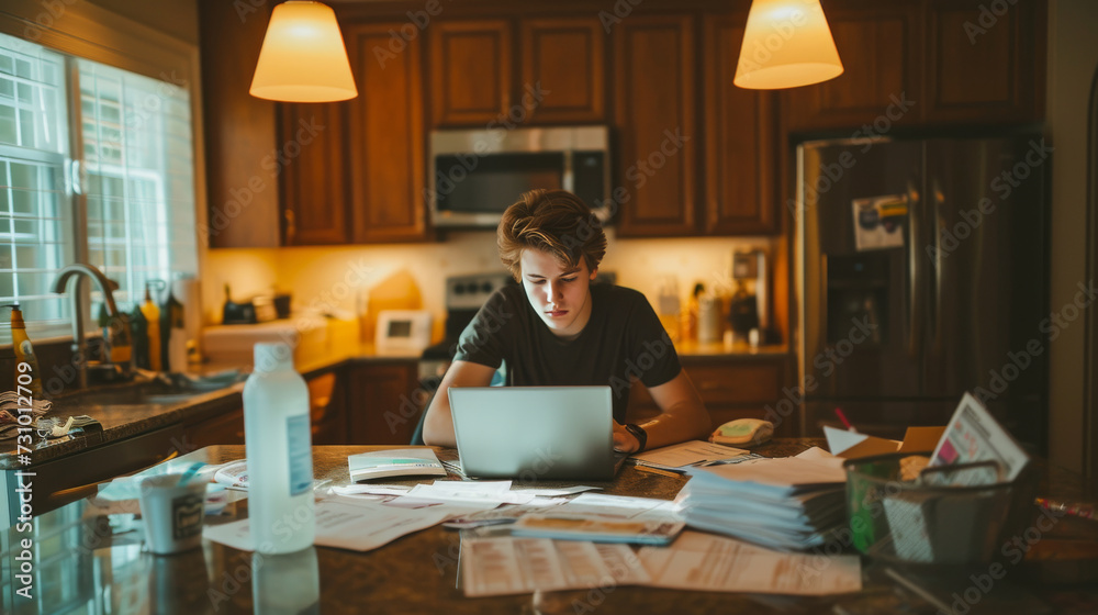 young man managing taxes at home staring at a laptop screen in kitchen - obrazy, fototapety, plakaty 