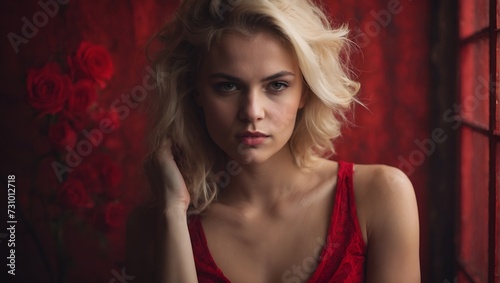 portrait of a blonde woman in red, valentine's day background, red hearts and roses, 20 years old