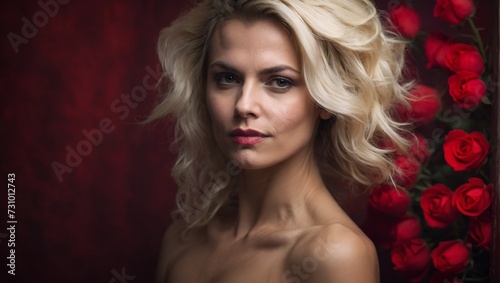 portrait of a blonde woman in red  valentine s day background  red hearts and roses  30 years old