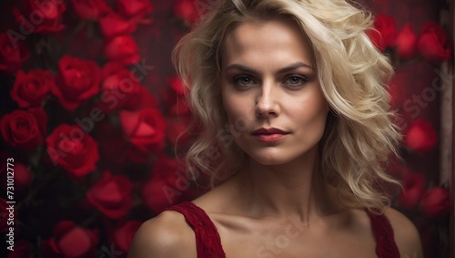 portrait of a blonde woman in red, valentine's day background, red hearts and roses, 30 years old