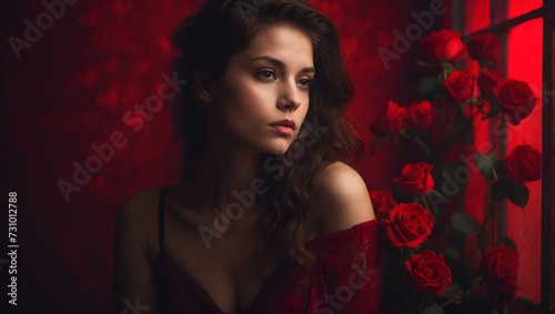 portrait of a brunette in red, 20 years old sexy woman, valentine's day background, girl with red hearts and roses
