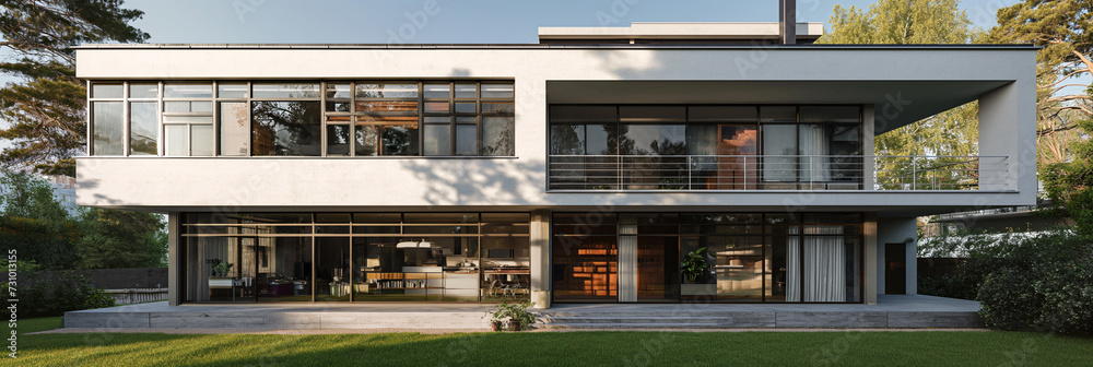 House with large windows and spacious balconies, featuring a minimalist design with clean lines and a flat roof. The building is surrounded by lush greenery in a serene suburban setting. House with large windows and spacious balconies, featuring a minimalist design with clean lines and a flat roof. The building is surrounded by lush greenery in a serene suburban setting.