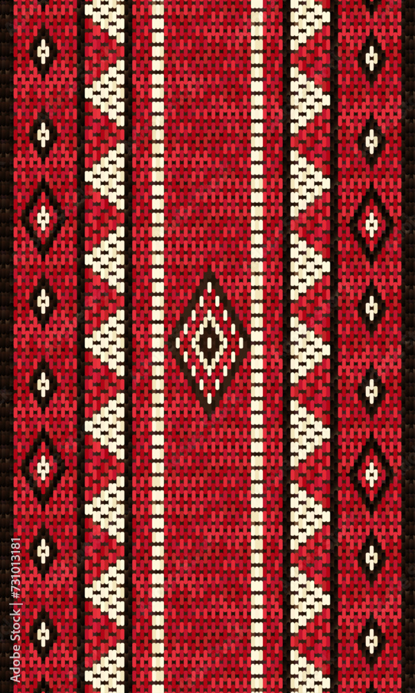 A Vertical Traditional Arabian Sadu Weaving Pattern In Red Black And White Wool - obrazy, fototapety, plakaty 