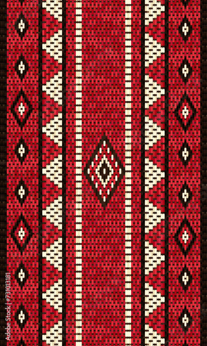 A Vertical Traditional Arabian Sadu Weaving Pattern In Red Black And White Wool