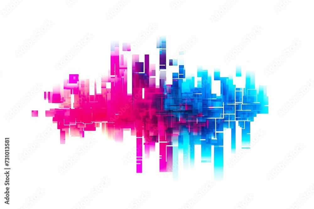 Pixelated digital logo in shades of neon pink and electric blue, contrasted against a solid white background.