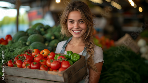 Close-up portrait young woman farmer holding wooden box with fresh vegetables  sell products at the market or shop