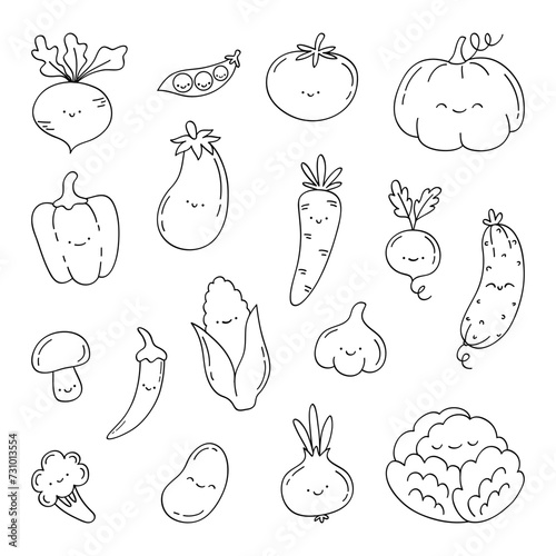 Cute hand drawn black outline smiling agricultural crops isolated on a white background. Set of kawaii smiling doodle vegetables. Funny vegetable cartoon characters for children's menu, card, poster