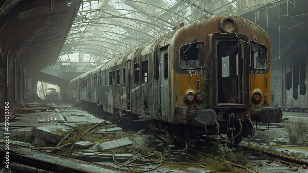 Image of an Abandoned Train in a Ruined Train Sta.