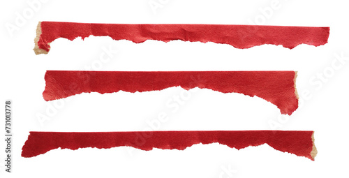 Several strips of torn paper red tape cut out on transparent background