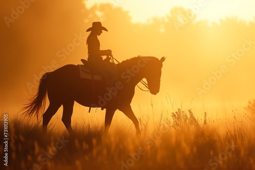 Dawn Ride: Cowboy on Horse in Misty Golden Field