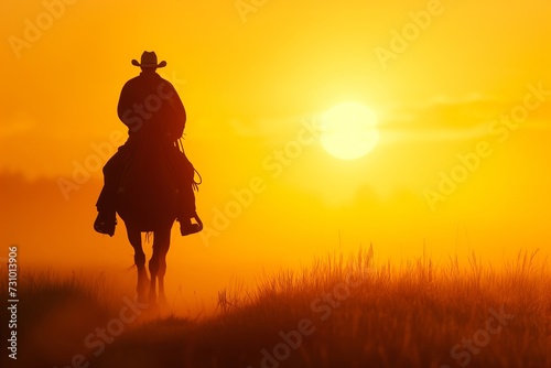 Cowboy Riding into the Sunset, Golden Horizon Silhouette