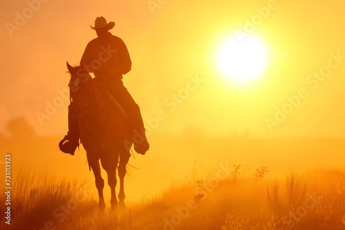 Cowboy on Horseback at Dawn, Golden Sunrise Over the Plains © Serge's AI Art
