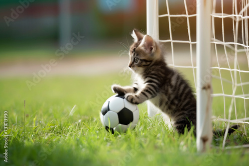 Kitten practicing kicking a soccer ball into a goal © スミくん