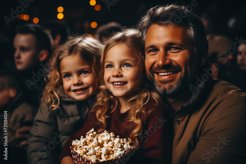 Father with children eating popcorn and watching a movie in the cinema