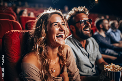 Photography of friends or couple laughing and watching a movie in the cinema