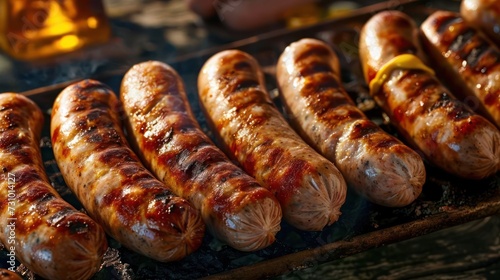 grilled bratwurst sausages, each with a golden brown exterior and a touch of mustard, arranged on a Oktoberfest-inspired barbeque scene