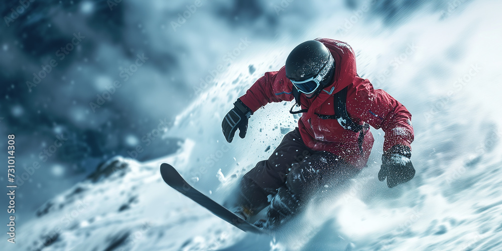 Snowboarder in red descending a snowy mountain slope with a spray of fresh powder.