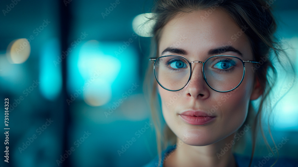 Retrato de cerca de una guapa mujer joven de pelo rubio con gafas Retrato de cerca de una guapa mujer joven de pelo rubio con gafas