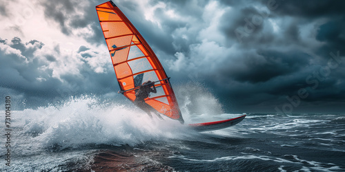 Windsurfer in action, harnessing the power of the wind and waves under stormy skies, a display of agility and strength