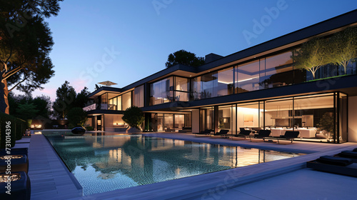 Impressive Modern Mansion with Pool at Dusk. © Elysium