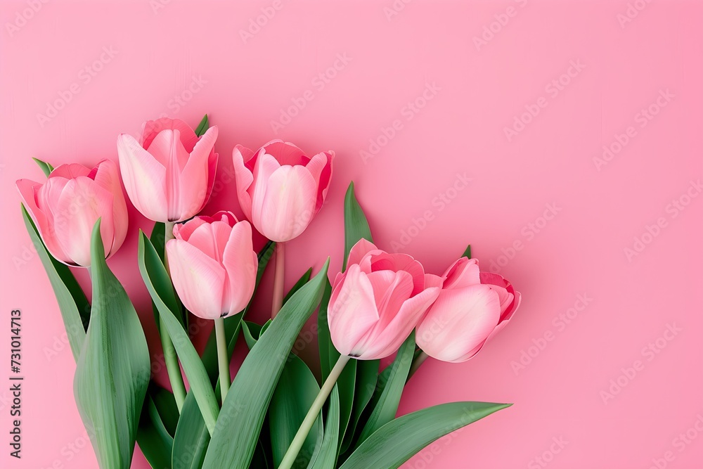 Beautiful Composition Spring Flowers. Bouquet of Pink Tulips Flowers on Pastel Pink Background. Valentine's Day, Easter, Birthday, Happy Women's Day, Mother's Day. Flat Lay, Top View, Copy Space. Beautiful Composition Spring Flowers. Bouquet of Pink Tulips Flowers on Pastel Pink Background. Valentine's Day, Easter, Birthday, Happy Women's Day, Mother's Day. Flat Lay, Top View, Copy Space.