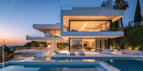 Twilight scene of a luxurious multi-level modern villa with expansive terraces, an infinity pool, and floor-to-ceiling windows, nestled among mature trees with a sunset backdrop. © Alena