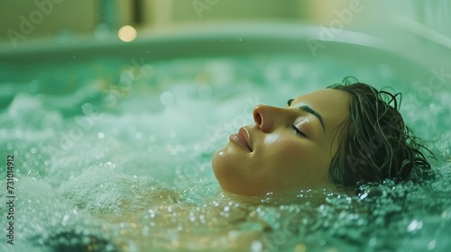 A youthful woman luxuriating in a jacuzzi, indulging in a blissful spa experience 