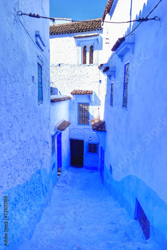 Traditional houses along alleyway in Chefchaouen, Morocco © Schneestarre