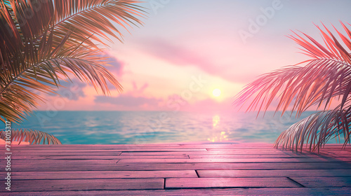 Exotic Tropical Paradise Beach Summer Palm Plants Sand Waves Ocean Sunset Sun Product Advertising Mockup Background Isolated Empty Blank Plate Podium Pedestral Table Stand Mockup Presentation Podest