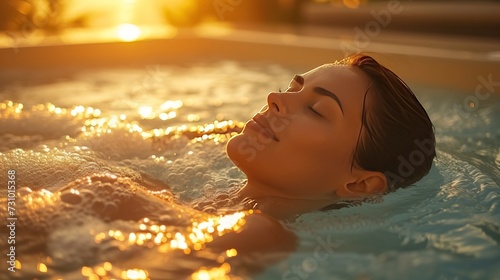 A young woman finds serenity and relaxation as she enjoys a spa treatment in a jacuzzi 