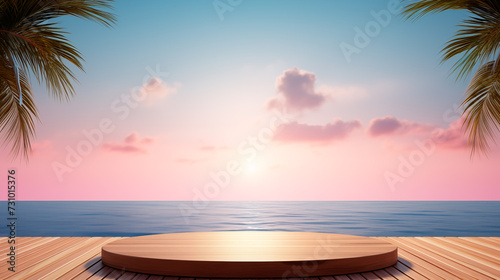Exotic Tropical Paradise Beach Summer Palm Plants Sand Waves Ocean Sunset Sun Product Advertising Mockup Background Isolated Empty Blank Plate Podium Pedestral Table Stand Mockup Presentation Podest