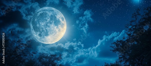 Moon shining brightly at night during full moon.