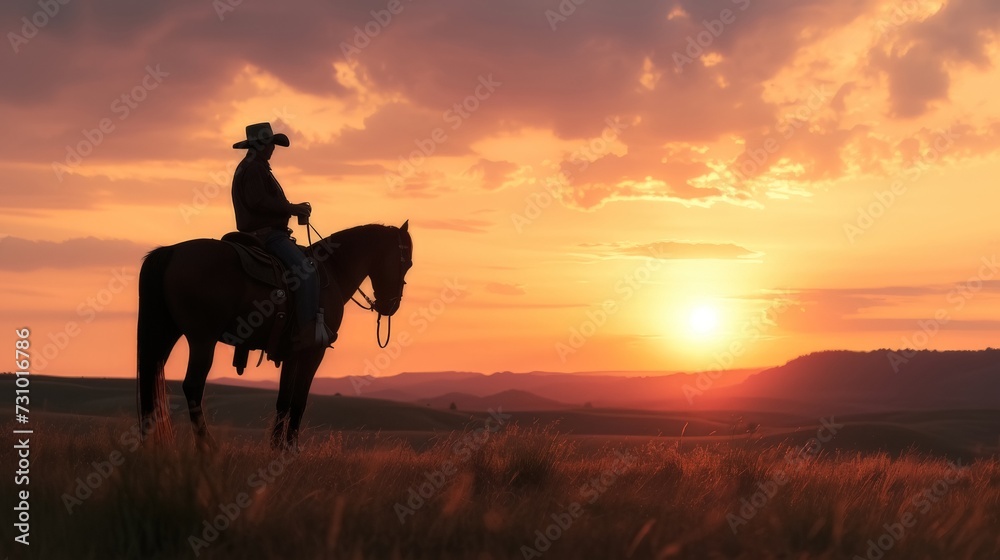 Silhouette donning a cowboy hat emerges amidst the backdrop of a captivating sunset.
Silhouette donning a cowboy hat emerges amidst the backdrop of a captivating sunset.