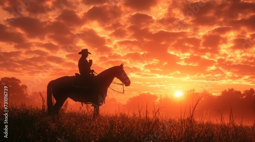 Silhouette donning a cowboy hat emerges amidst the backdrop of a captivating sunset. 