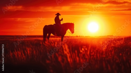 Silhouette donning a cowboy hat emerges amidst the backdrop of a captivating sunset. 