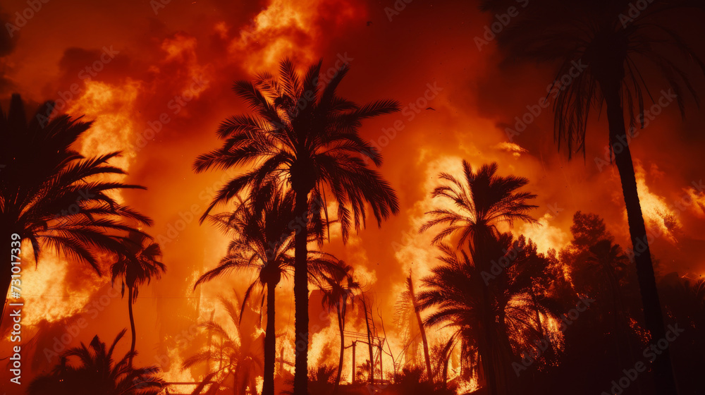 Wildfire Engulfing Palm Trees at Night