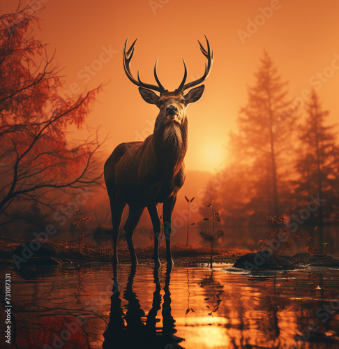 Red deer in the forest at dusk at sunset. Beautiful horned deer in orange light of the setting sun. Generative AI