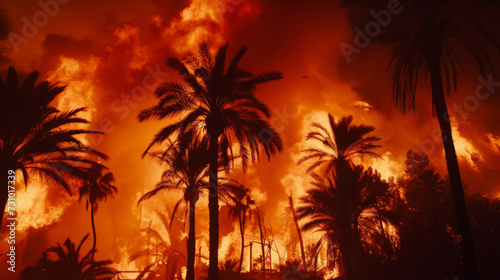 Wildfire Engulfing Palm Trees at Night
