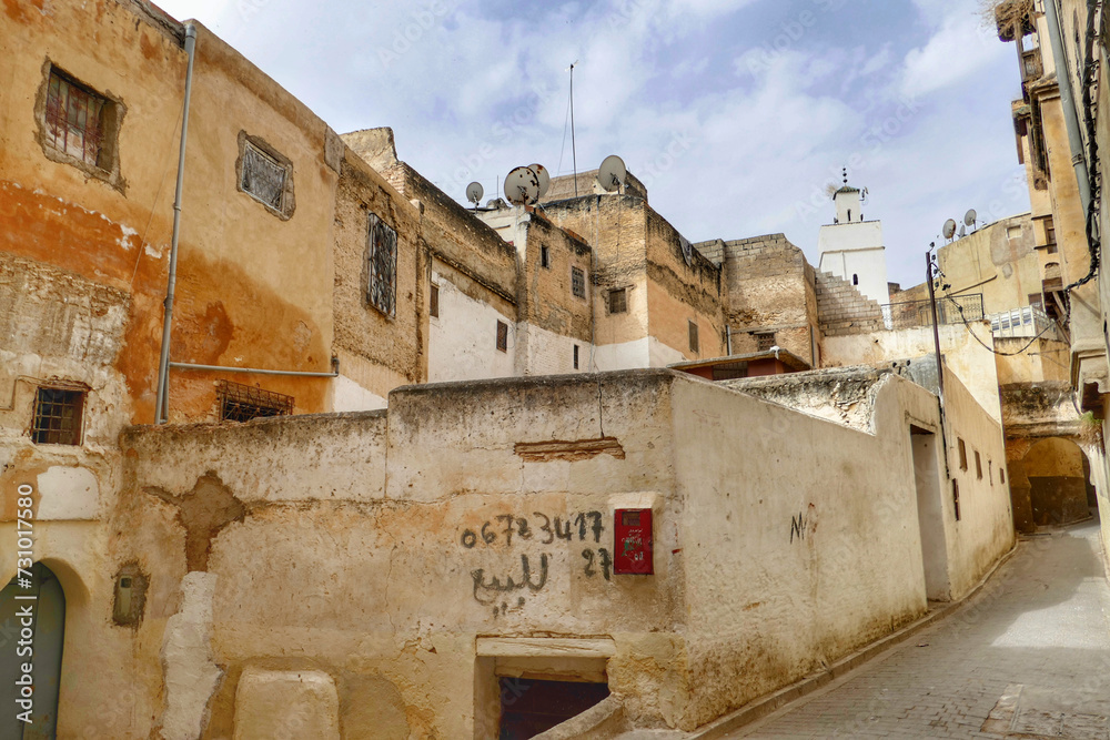 Traditional houses along alleyway in Fez, Morocco