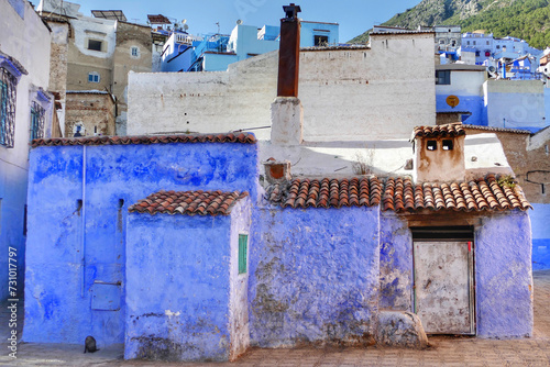 Traditional houses along alleyway in Chefchaouen, Morocco © Schneestarre