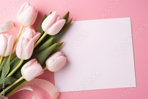 Flowers with greeting card mockup. Blank of paper with copy space, Valentine's day, Mother's day, Women's Day and love concept
