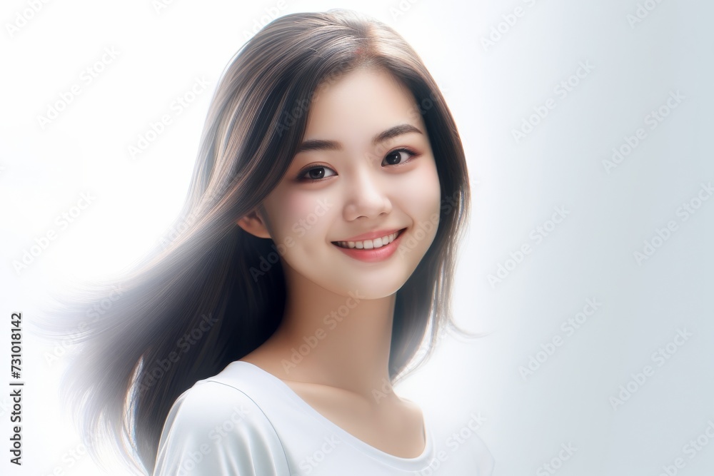An ultra-realistic depiction of a beautiful young lady standing, clad in an empty white t-shirt with ample space for text, showcased against a white backdrop in a stock photograph. Generative AI. An ultra-realistic depiction of a beautiful young lady standing, clad in an empty white t-shirt with ample space for text, showcased against a white backdrop in a stock photograph. Generative AI.