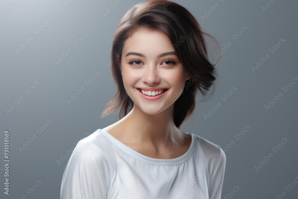 An ultra-realistic depiction of a beautiful young lady standing, clad in an empty white t-shirt with ample space for text, showcased against a white backdrop in a stock photograph. Generative AI. An ultra-realistic depiction of a beautiful young lady standing, clad in an empty white t-shirt with ample space for text, showcased against a white backdrop in a stock photograph. Generative AI.
