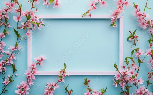  pink flowers with a wooden frame on pastel background (23)